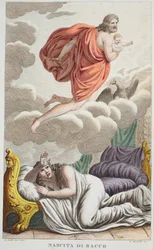 Semele wird vom Blitz getroffen, Illustration aus Ovids Metamorphosen, Florenz, 1832 (handkolorierter Stich)